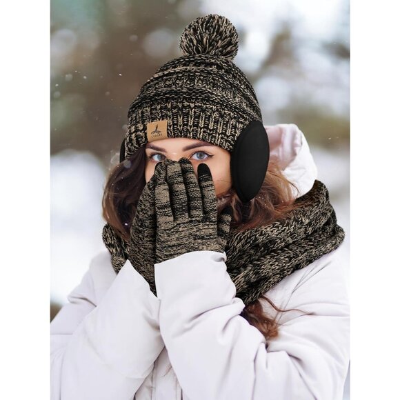 Women’s Beige black Knit Beanie Hat, Gloves, Scarf & Ear Warmer Set - Winter - Picture 6 of 6